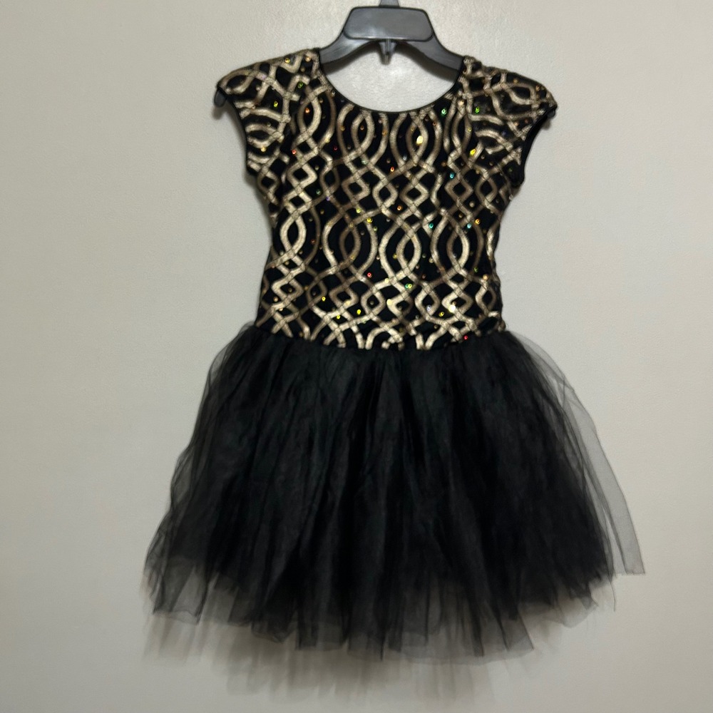 Revolution Dancewear Costume Kids XLC Black Gold Sequin Leotard Tutu Excellent